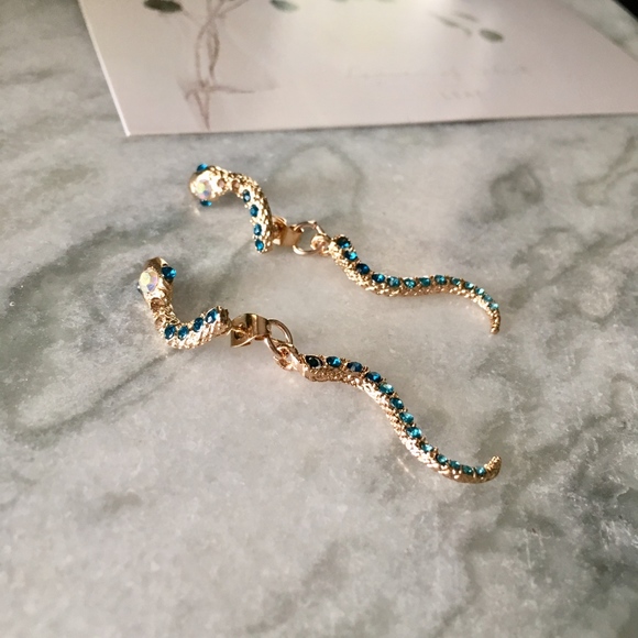 Rhinestone Snake Ear Jacket Gold Serpent Earrings - Picture 8 of 9